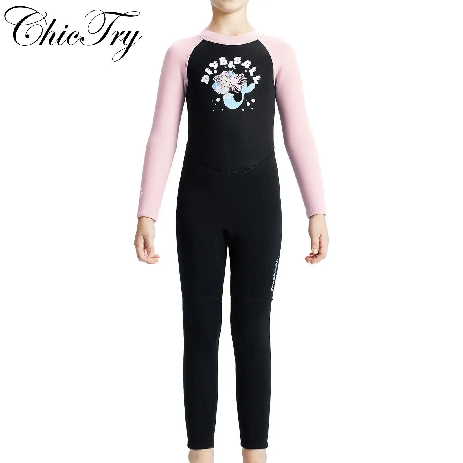 

Kids Girls 2.5mm Neoprene Wetsuit Mermaid Printed Long Sleeves Jumpsuit Bodysuit Rash Guard Swimsuit for Diving Surfing Swimming