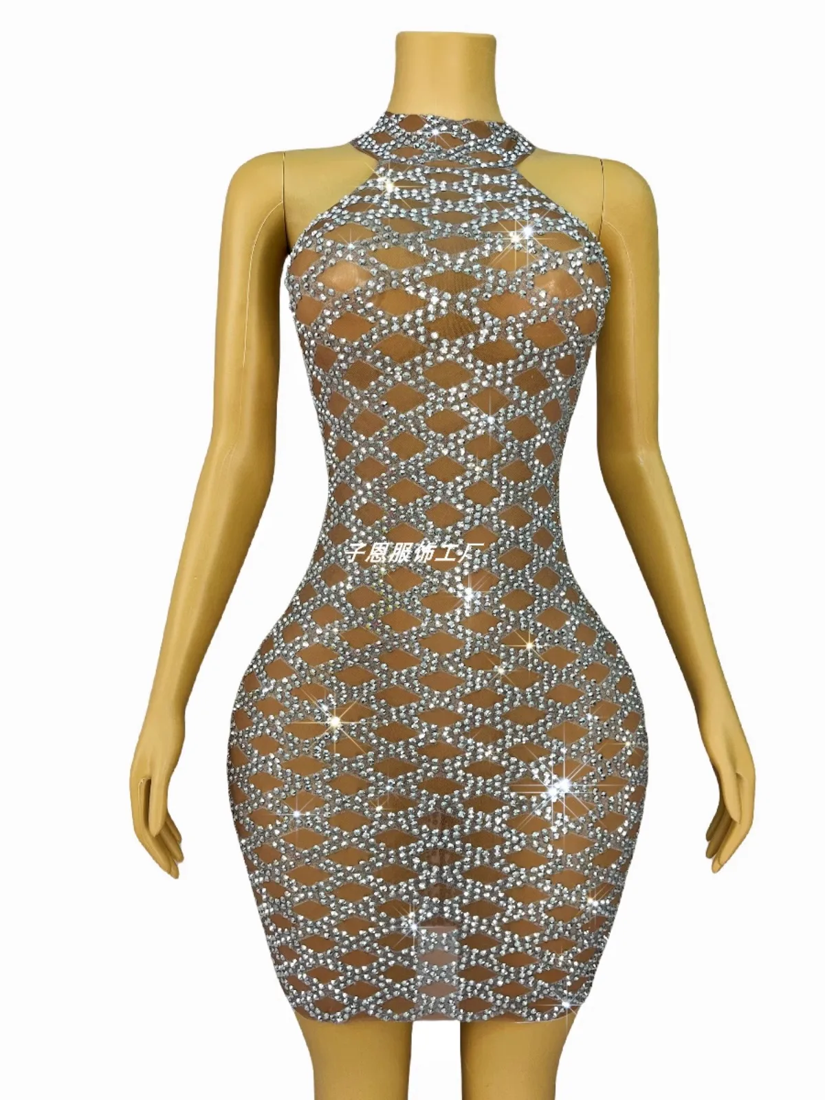 Fashion temperament crystal diamond slim mesh dress cocktail party evening dress