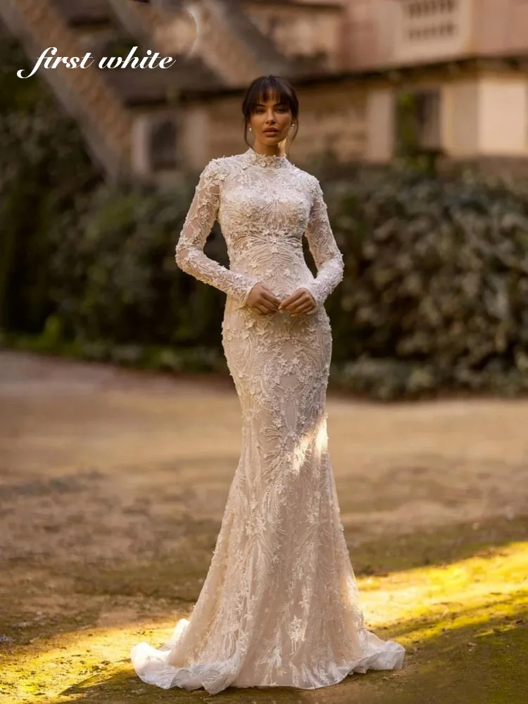 

Первобелые длинные свадебные платья русалки с блестящими бусинами, халат невесты, скромное свадебное платье с высоким воротником и длинными рукавами, индивидуальное платье Robe De Mariée