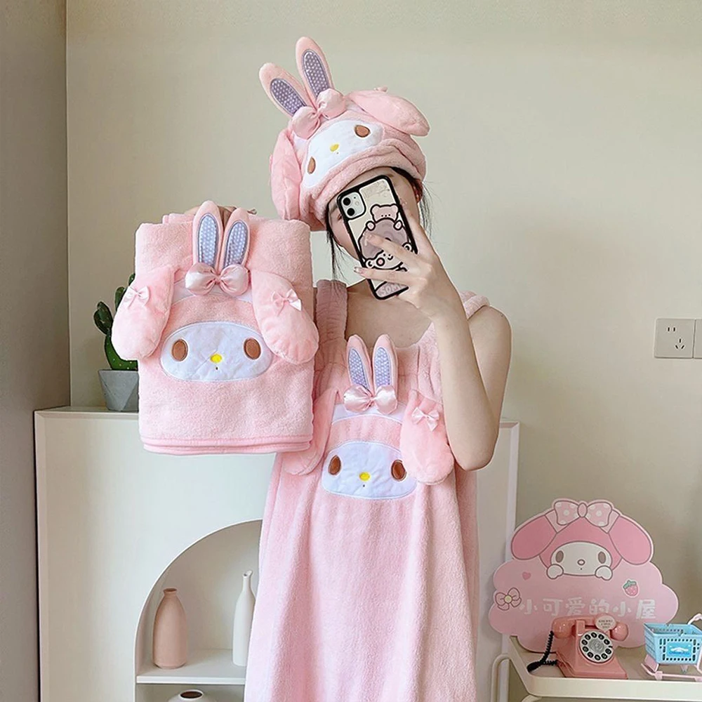 

Kawaii My Melody Cartoon Plush Bath Towel Women Soft Absorbent Bathrobe Hair Drying Cap Cute Pink Y2K Home Shower Loungewear Set