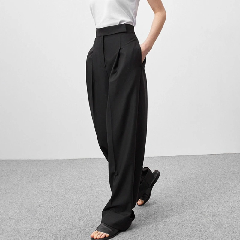 

2025 Spring and Autumn Simple Black Wide Leg Pants for Commuting Loose High Waist Women's Suit Pants
