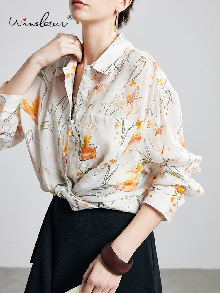 

Элегантная рубашка Winsleter из 100% рами, с длинным рукавом, отложным воротником и принтом, женская повседневная свободная блузка для отпуска с защитой от солнца, Весна 2026 T63346CC