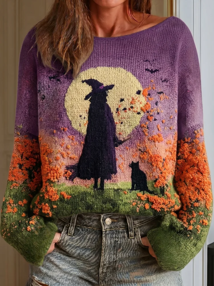 Women Halloween Witch Black Cat Bat Moon Jacquard Off Shoulder Knit Sweater Gradient Purple Green Long Sleeve Loose Casual Party Pullover