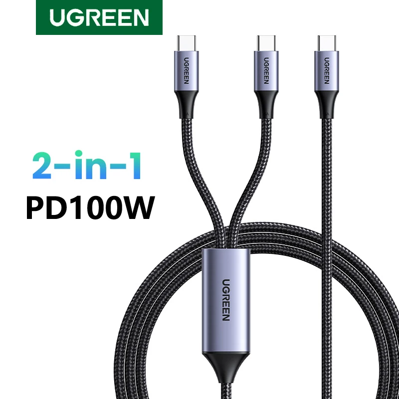 

Кабель UGREEN 2-в-1 Type-C на Type-C, быстрая зарядка PD100W для Apple iPhone 17 16 15, iPad Pro, MacBook, зарядное устройство USB-C для Android, 1.5м