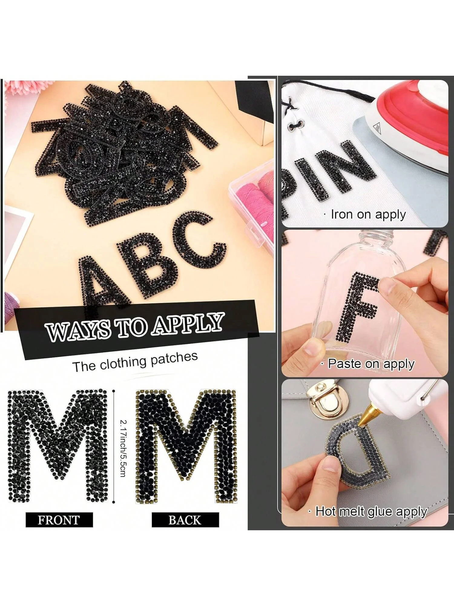 Rhinestone Iron On Patch Initial A-Z Pearl Bling Rhinestone Letter Patch Glitter Alphabet Rhinestone Pearl English Letter(black)