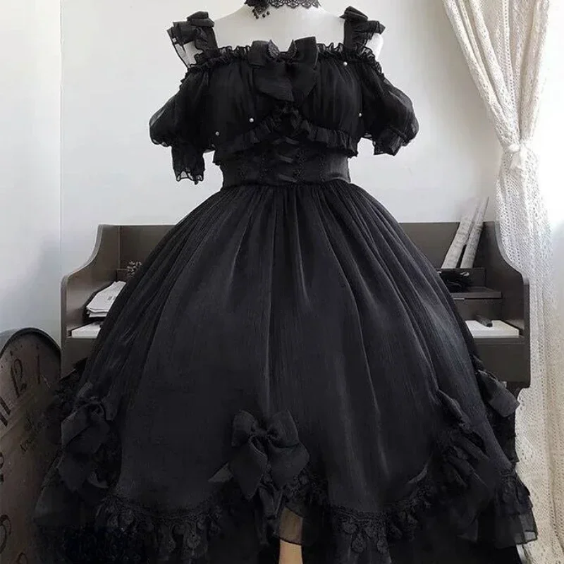 

Japanese Victorian Gothic Lolita Dress Women Black White Elegant Backless Fairy Dresses Girly Kawaii Sweet Cosplay Mini Vestidos