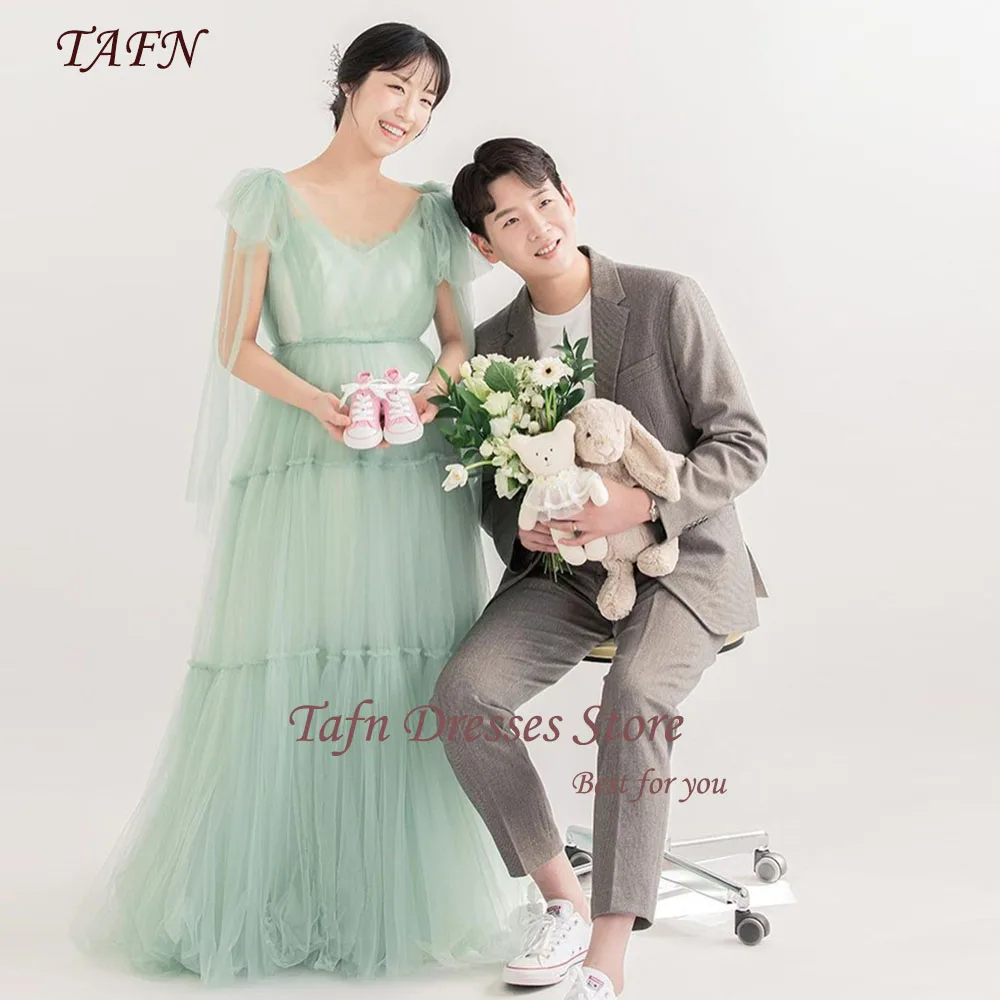 

TAFN Korea 웨딩드레스 Mint Green Wedding Anniversary Dresses V-Neck Sleeveless Bridal Gown A-line Sweep Train Maternity Wear