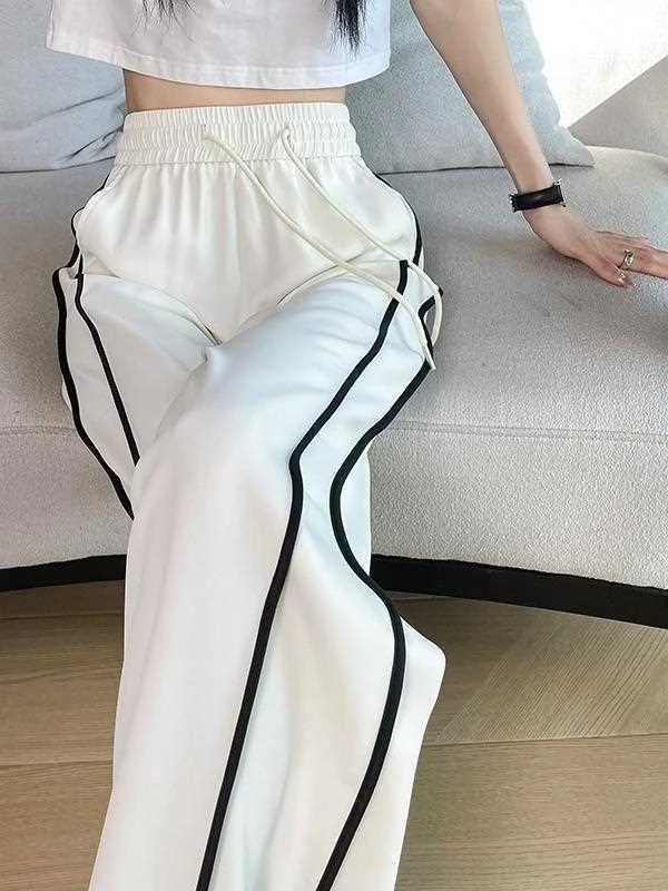 

Quick Dry Ice Silk Wide Leg Pants Women Summer Thin New Stripe Straight Casual Running Sports Long Trousers