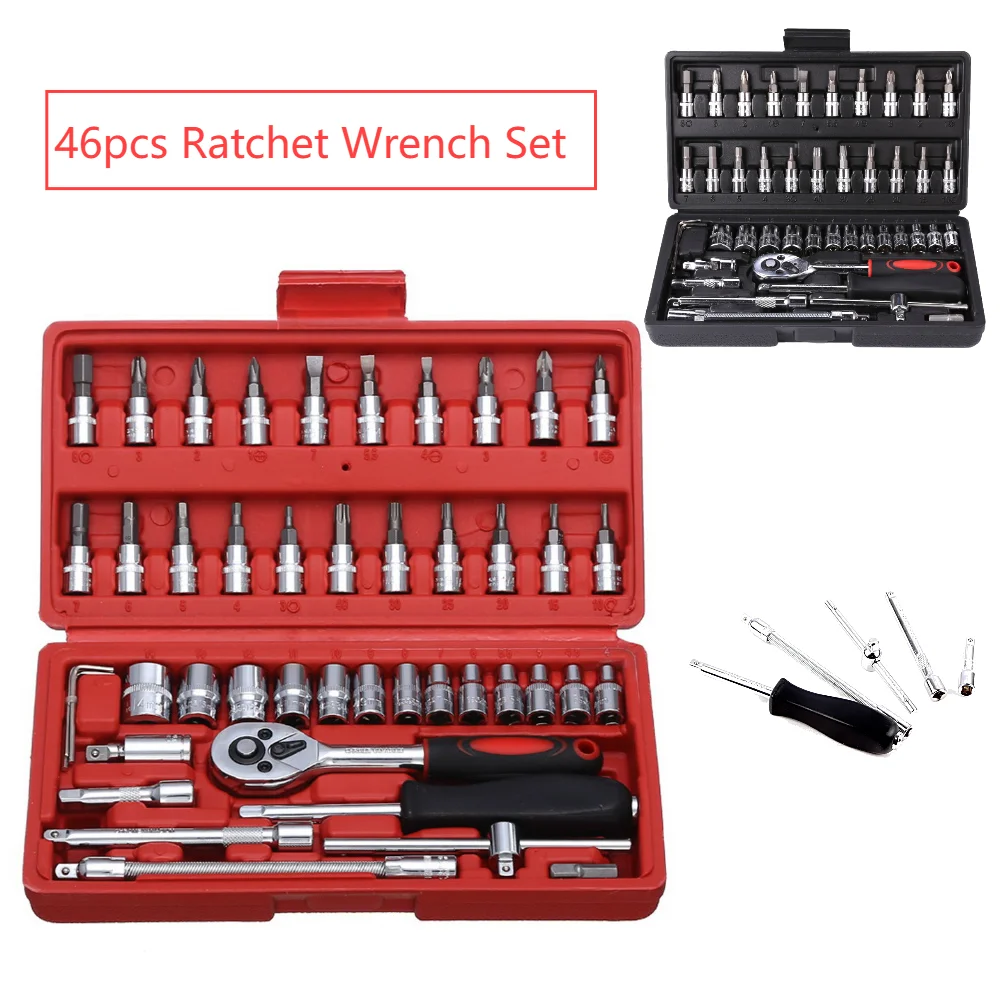 46pcs 1/4 Inch Drive Socket Set Ratchet Wrench Set Car Tool Kit Bit Socket Wrench Set Metric Mechanic Tool Set Motorcycle Repair
