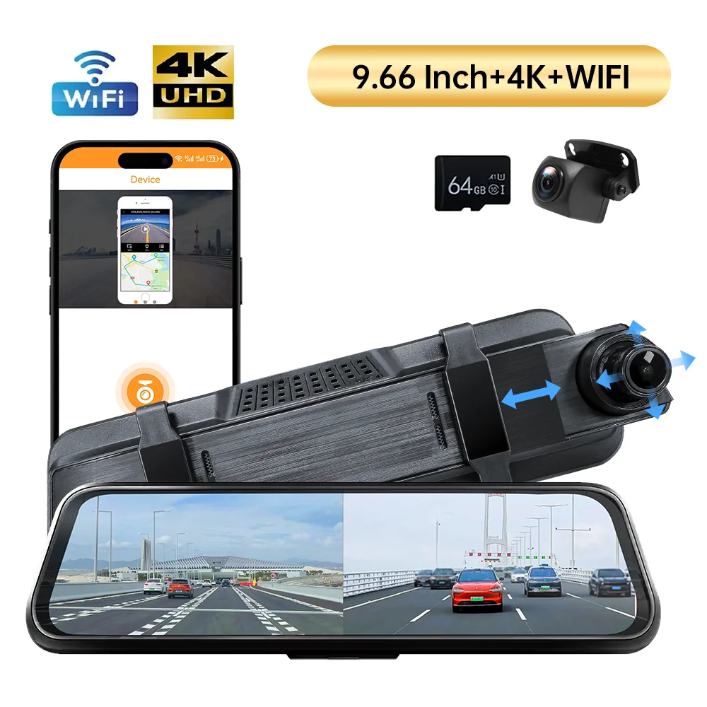 

9.66" 4K Mirror Dash Cam Backup Camera, 2160P Full HD Smart Rearview Mirror for Cars & Trucks, Front and Rear View Dual Cameras,