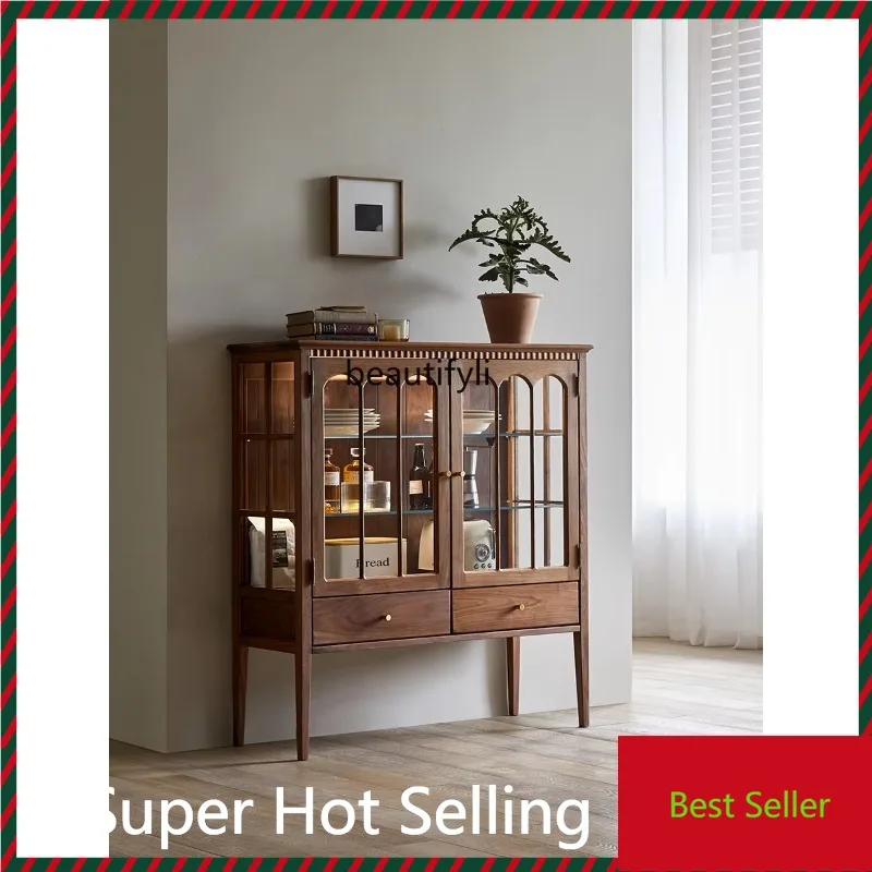 

K132 Solid Wood Glass Wine Cabinet Vintage Display Cabinet Guest Restaurant Ceramic Storage Cabinet