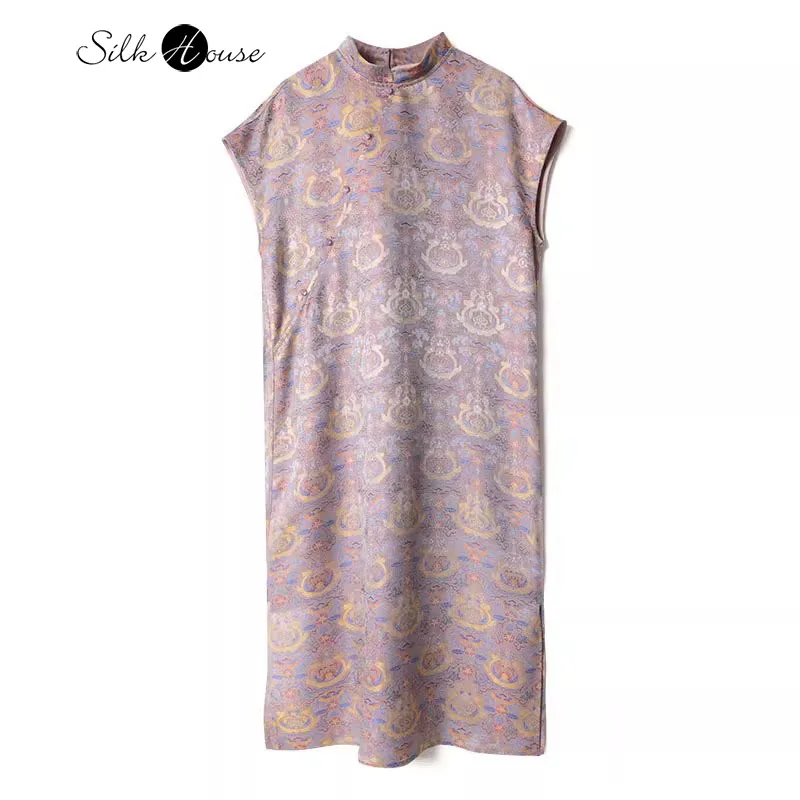 

2025 Summer New Style Color Sense 100% Natural Mulberry Silk Song Brocade Different Color Luo Women's Fashion Dress