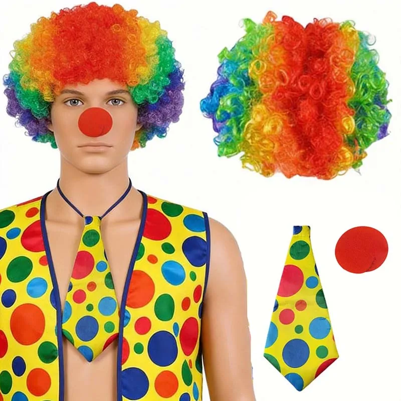 Lustiges Clown-Kostüm-Set Regenbogen Lockige Perücken Gepunktete Weste Krawatte Halloween Karneval Cosplay Outfit für Männer Frauen Party Faschingskostüm