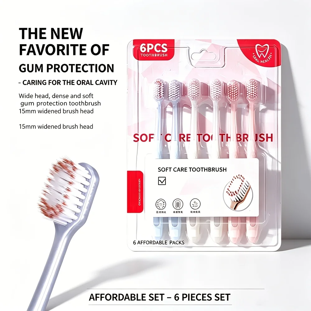 6Pcs Adult Soft Toothbrush Wide Head Design, Gum Friendly Rounded Bristles, Plaque Cleaning for Family Dorm Travel Bathroom Use