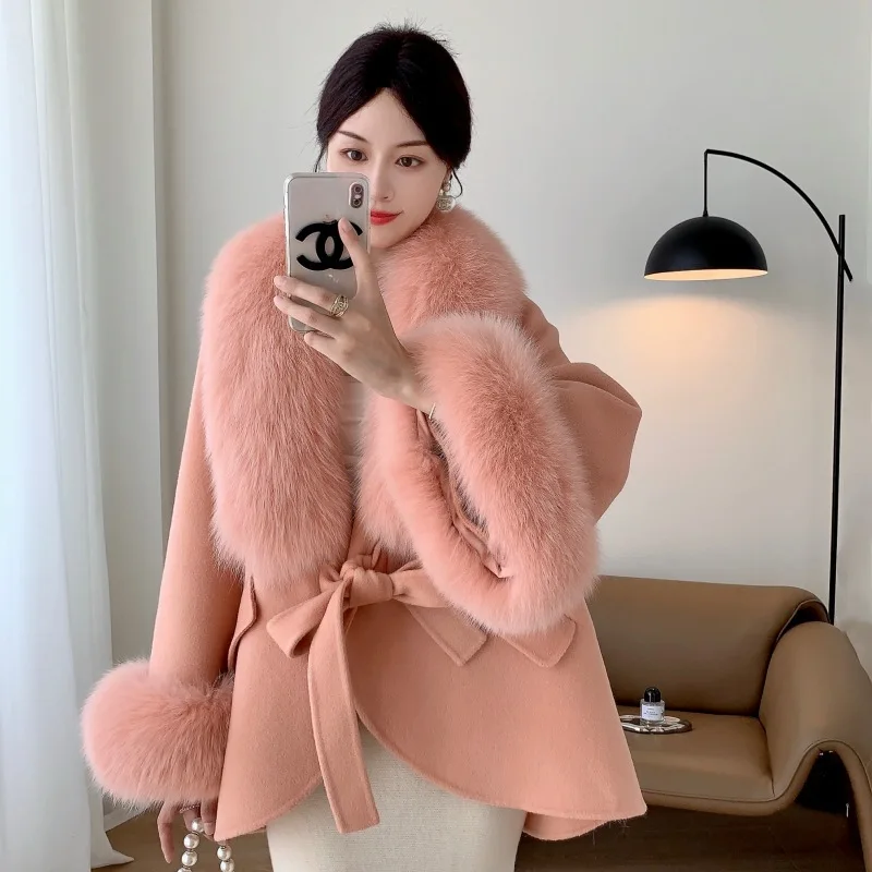 2024 Autumn And Winter New Full Leather Fox Fur Collar Fur Coat Women's cape High-grade Wool Double-sided oolen Cashmere coat