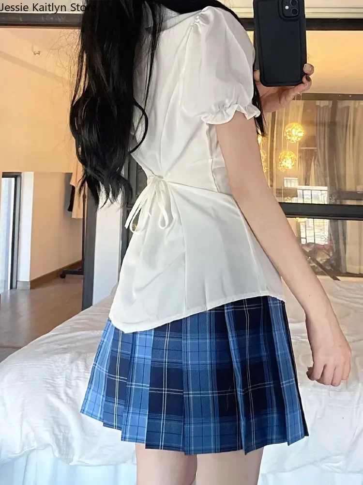 Uniforme d'école à carreaux japonais pour femmes, chemise mignonne, ensemble Kawaii, fille d'anime plissée blanche, coréen et cosplay doux