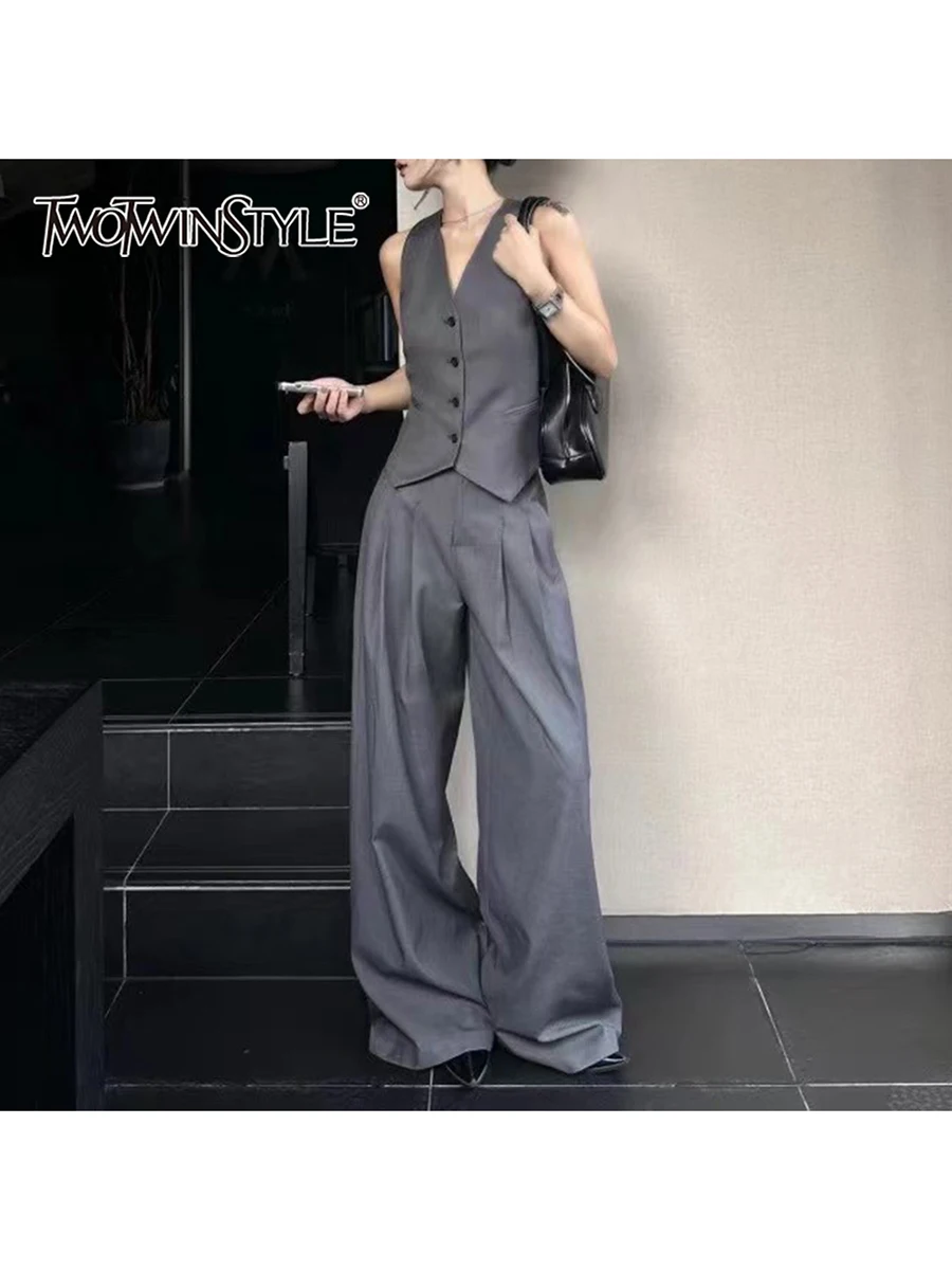

TWOTWINSTYLE Fashion Two Piece Sets for Women V Neck Sleeveless Spliced Single Breasted Vest High Waist Wide Leg Pant Set Female