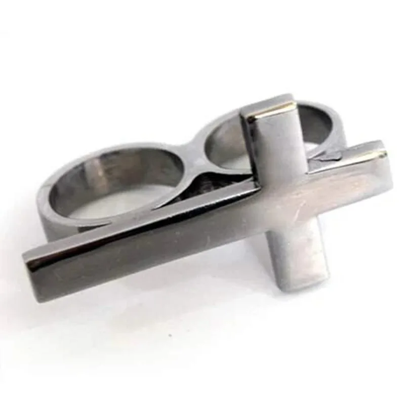 Punk Cross Ring Two Finger Ring Engraving Name Silver Stainless Steel Ring Men Knuckle Jewelry Personalized Gift for Boyfriend - view 5