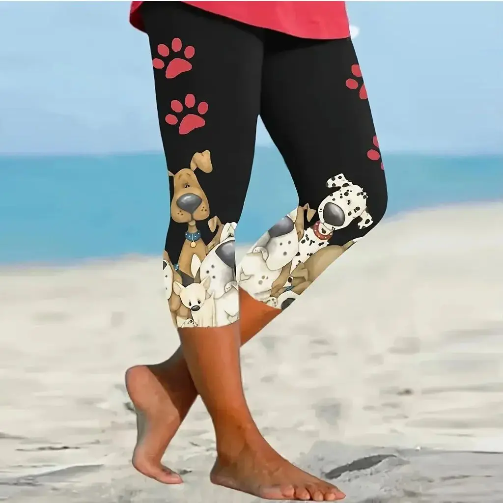 Dog footprints print elastic elastic waist slim casual leggings capri pants for women