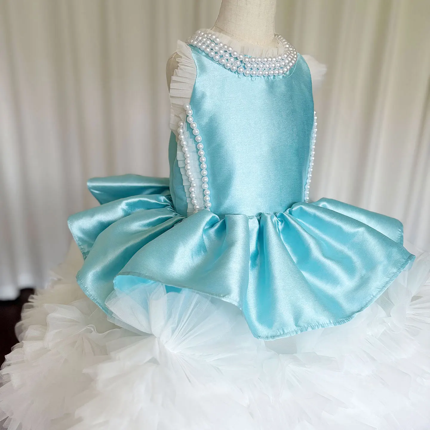 Jill Wish-Vestido de luxo azul celeste com pérolas, vestido de princesa infantil, vestido de comunhão infantil, festa de aniversário e casamento, 2024, J027