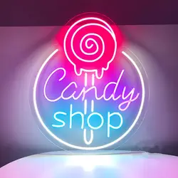 Candy Stop Neon Sign USB Powered LED Neon Wall Art Decor for Dessert Milk Tea Shop Store Halloween Birthday Gifts for Kid