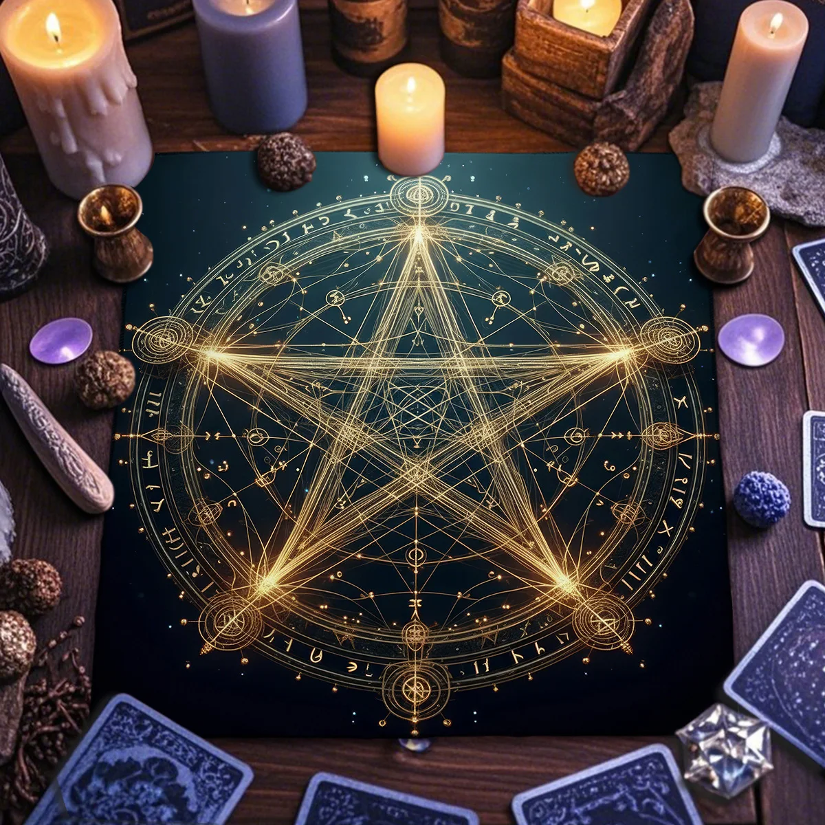 Mystical Pentagram Geometric Tarot Tablecloth Altar Cloth Golden Occult Divination Cloth Pagan Astrology Altar Decor Table Cloth