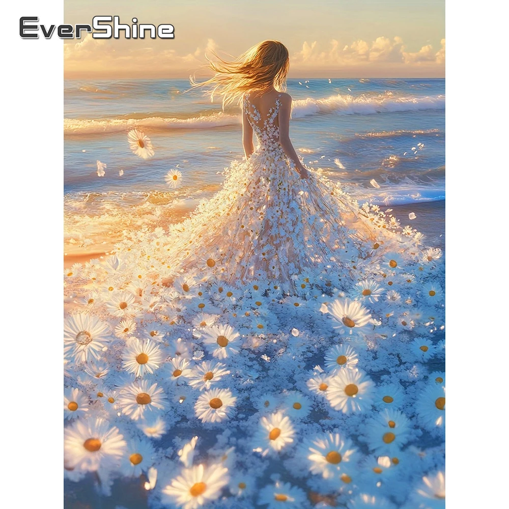 EverShine Diamant-Stickerei Porträt Mädchen Strass-Bild Mosaik Küste DIY Vollquadrat-Gemälde Gänseblümchen 5D Handgemachtes Geschenk