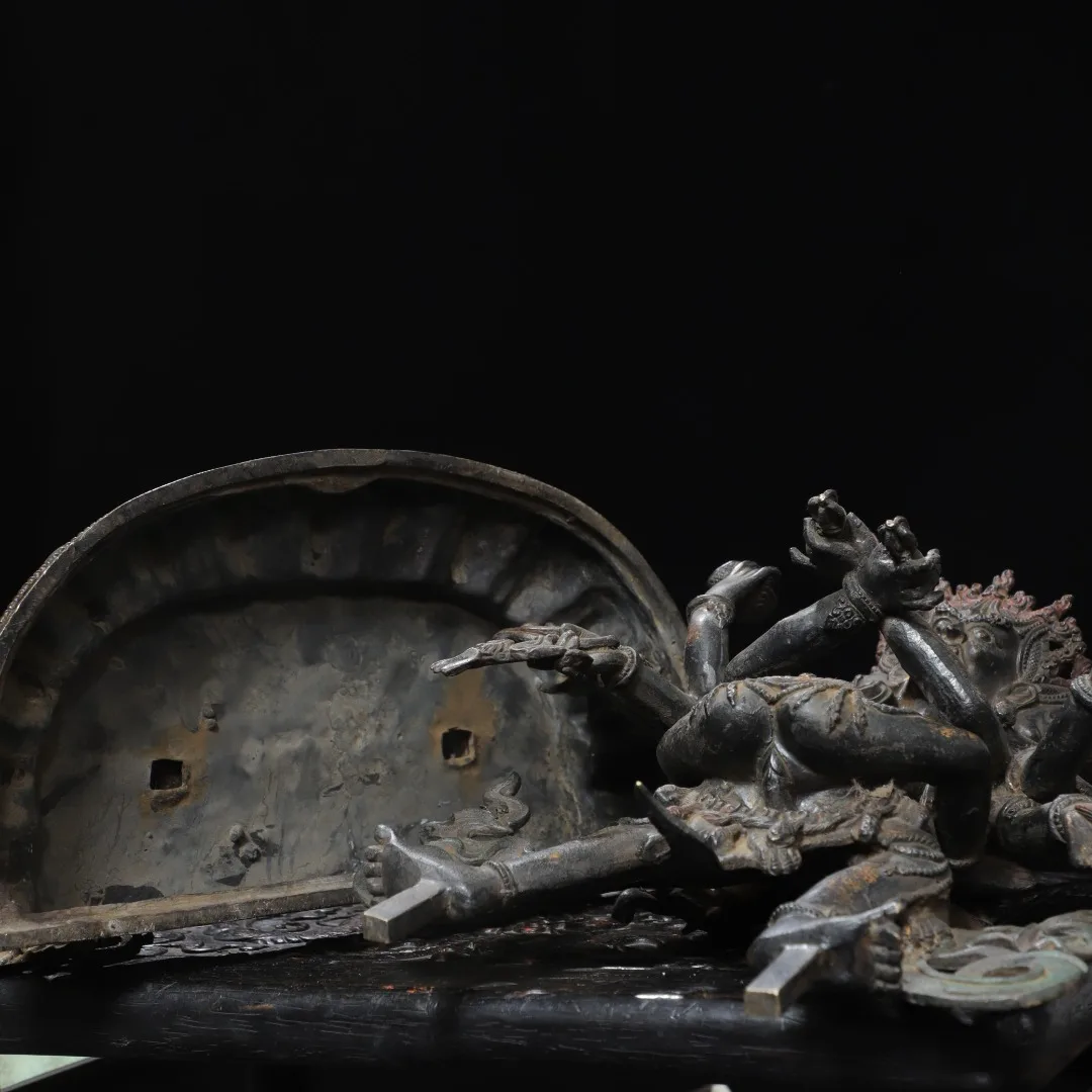 Old Bronze Gilded Cinnabar Mahakala Buddha Chakrasamvara Backlight Standing  Buddha Lotus Throne Worship Hall Town house