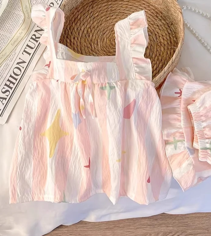 

Новинка 2023 года, летние пижамные комплекты для девочек, повседневный повседневный топ без рукавов и шорты в горошек, комплект из 2 предметов для детей от 3 до 11 лет