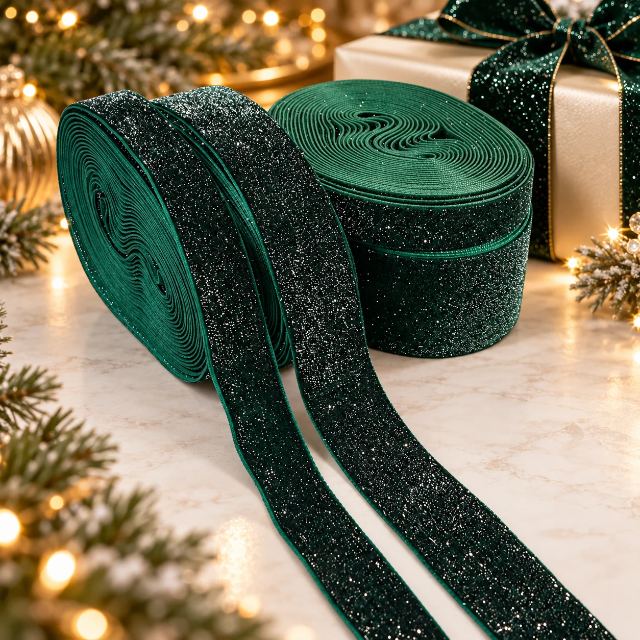 Dark Green Glitter Velvet Ribbon, Sparkly Fabric Ribbon for Gift Wrapping Hair Bow Wedding Christmas Party DIY Craft Decoration
