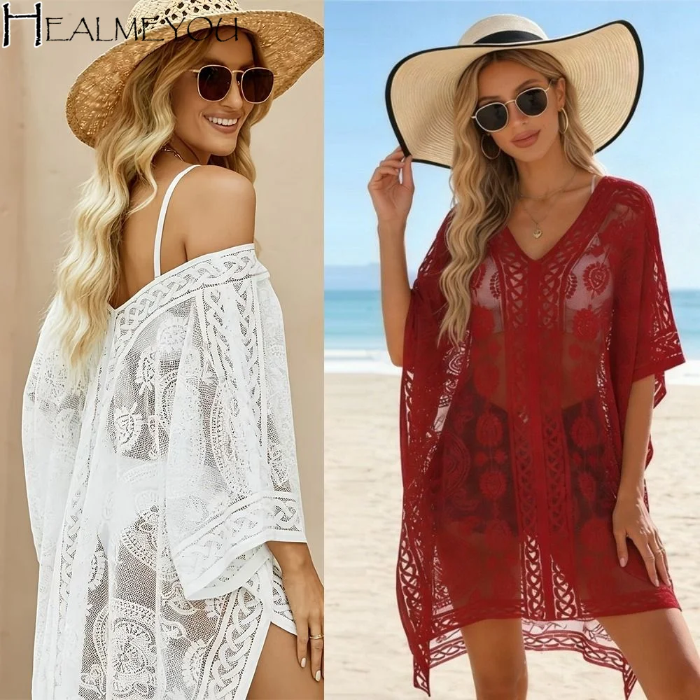 Breathable Lace Mesh Sunscreen Beach Cover Up Plus Size Casual Bohemian Shawl Transparent Floral Swimsuit Cover Up Vacation