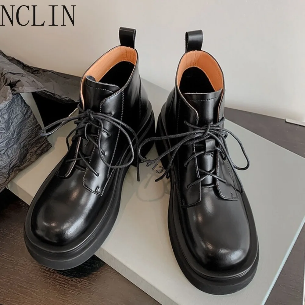 Autumn Women's Short Boots Round Toe Thick Heel Platform High Heels Luxury Design Genuine Leather Women's Casual Shoes Winter