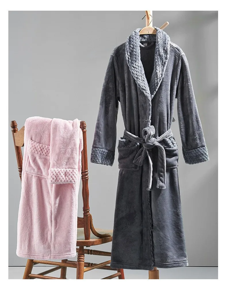 Women Men Flannel Bath Robe Sleepwear 2022 Autumn Winter Extra Long Home Dressing Gown Plush Couple Bathrobe Thick Warm Robes