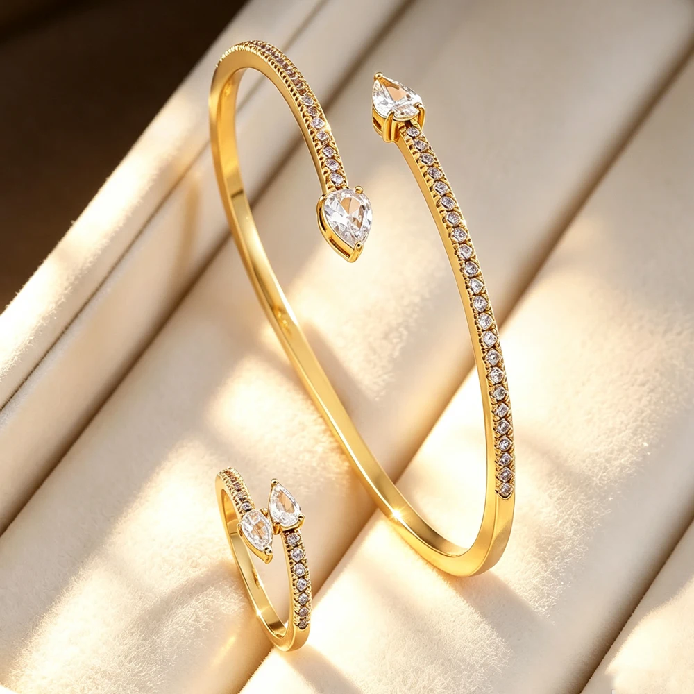 ZAKOL Silber-Gold-Farbenes Kupfer-Zirkonia-Offenes Armband-Ring-Hochzeitsschmuck-Set für Damen, Wassertropfen-CZ-Armreif-Set, Party-Geschenk – Detail 3