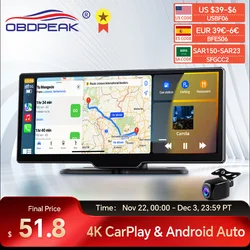 Caméra de tableau de bord avec commande vocale, caméra de recul, Carplay et Android, navigation GPS automatique, DVR de voiture, BT, moniteur FM, K2, 4 K, 2024 P, 10.26 pouces, 2160