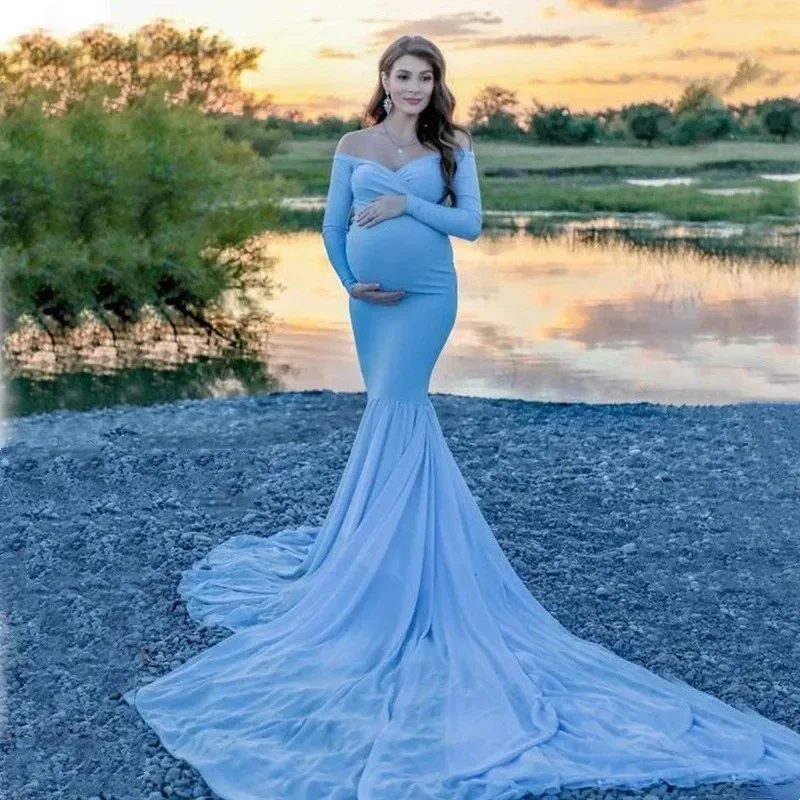 Vestidos de maternidad sexys sin hombros para Sesión de fotos, maxivestido de maternidad para mujeres embarazadas, Baby Shower, color púrpura