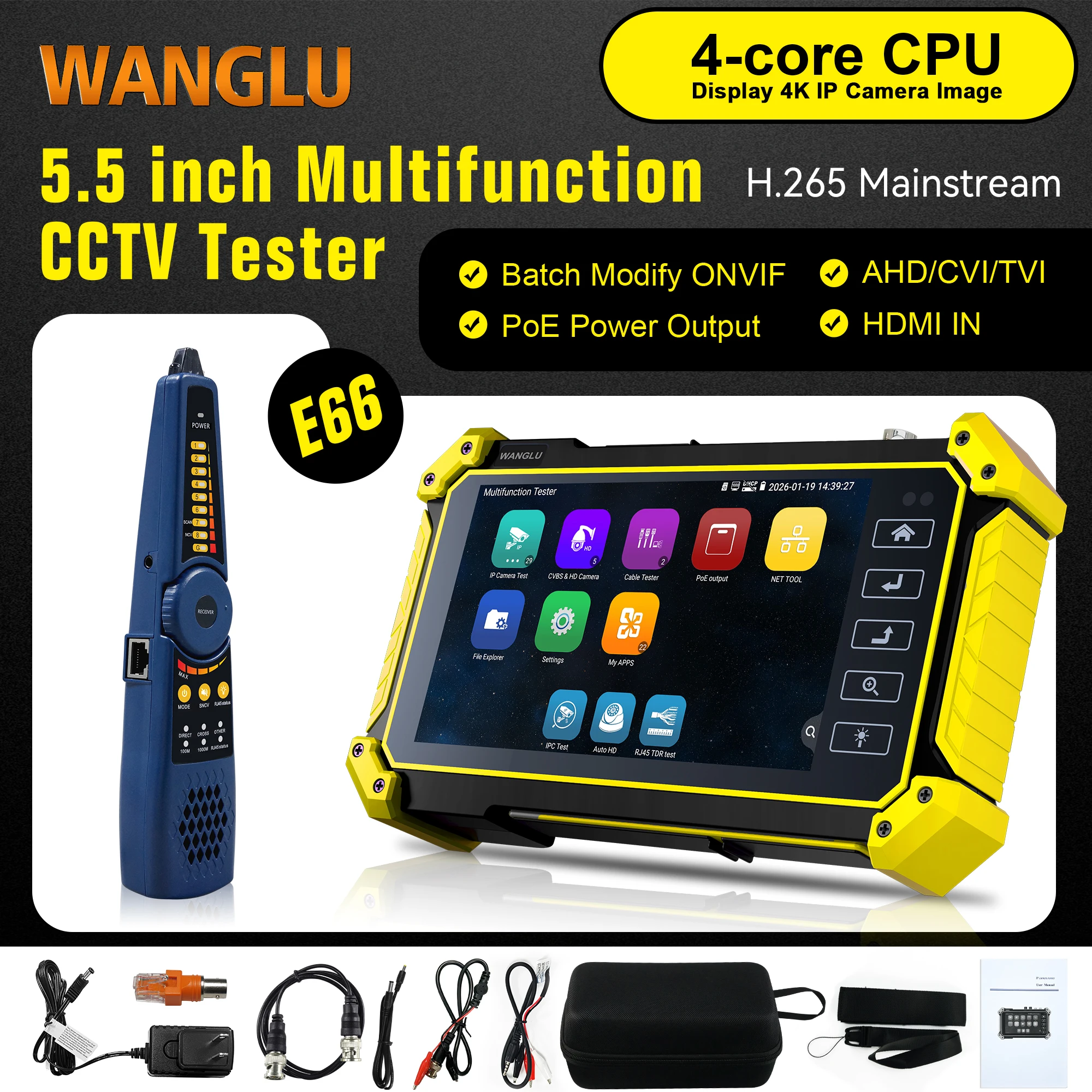 E66 5.5 inch 4K IPS Monitor 8MP AHD/CVI/TVI CCTV Tester UTP Cable Test Auto HD PoE Wifi Analyzer Power Output DH HIK Camera Test