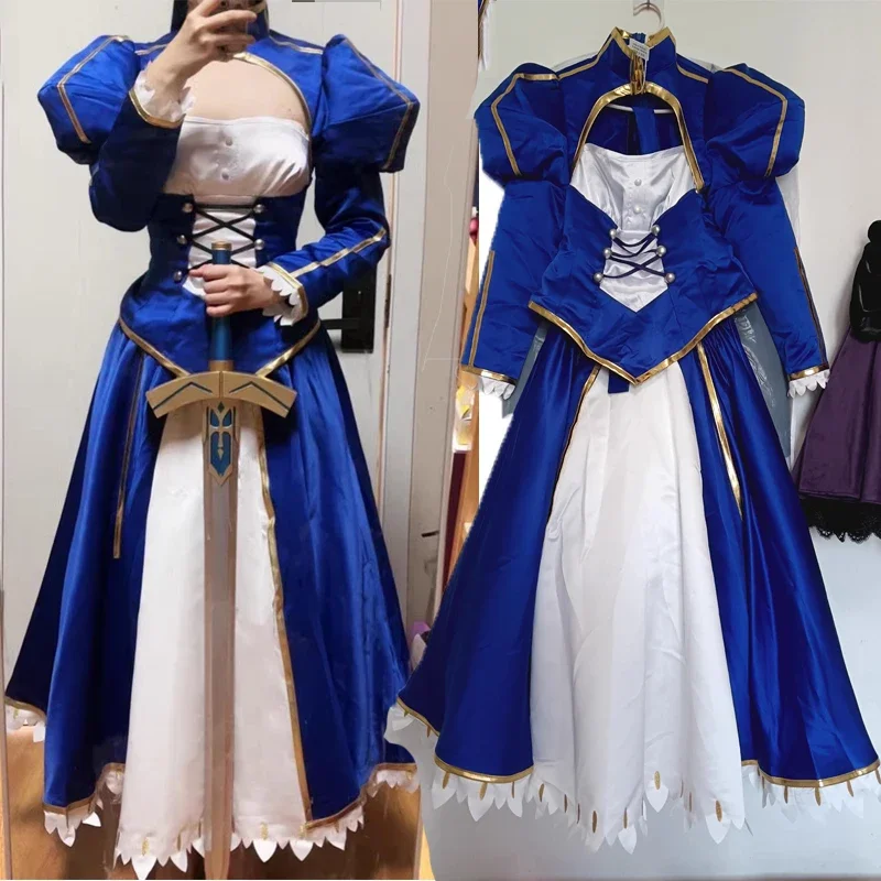 Anime Fate/Stay Night Saber Cosplay Costume Women Vintage Sexy Long Sleeve Dress Headwear Suit Halloween Carnival Party Clothes