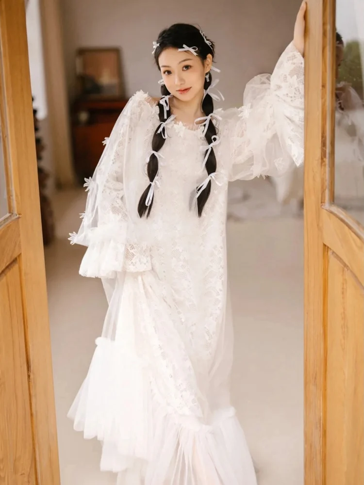 

Ele High-Waisted Long-Sve Princ Cut Wedding Dr Morning Robe Sle Heavy Embroidery Lace Loose Fit Bride Gown