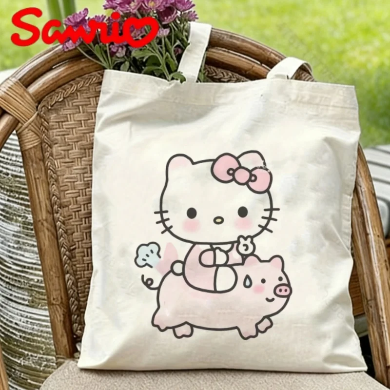 

1PC Cute Hello Kitty with Pink Bow and Pig Friend Durable Cotton Canvas Shoulder Bag
