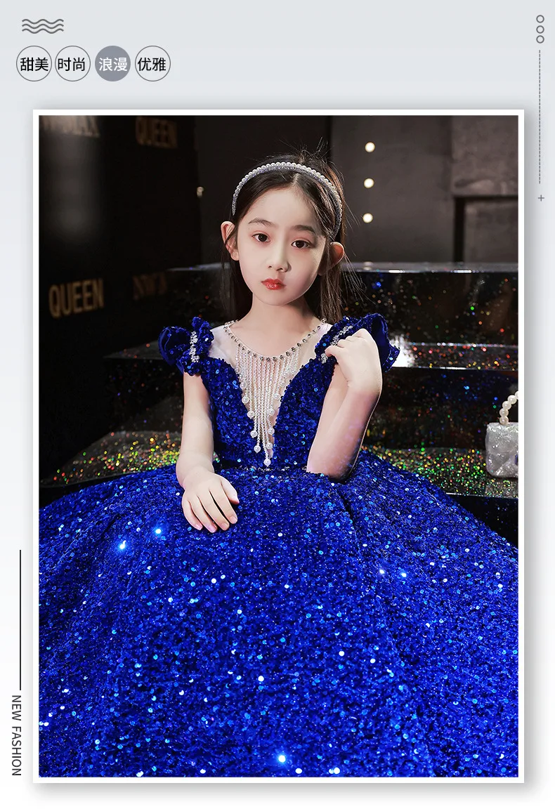 Prinzessin langes Kleid Mädchen Pailletten Abend Hochzeiten Abschluss ball Party elegante tiefe V-Ausschnitt Kleidung Kinder Taufe Kleid Show Mesh Kleid – Detail 1