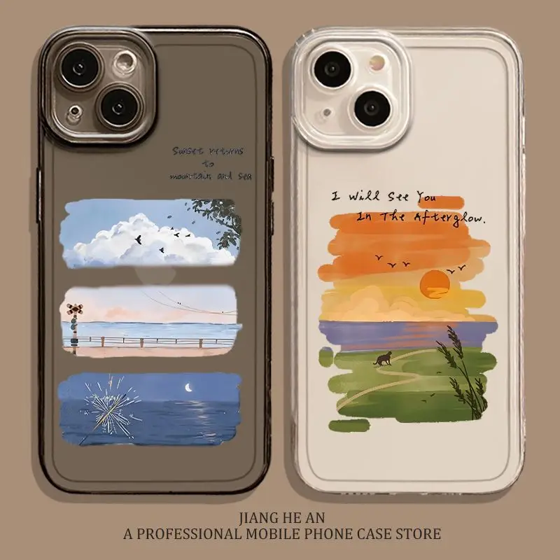 

Cartoon Sky Scape Sunset Clear Phone Case For iPhone 16 15 11 12 14 13 Pro Max Mini X XS XSMax XR 7 8 Plus SE4 16e Silica Covers