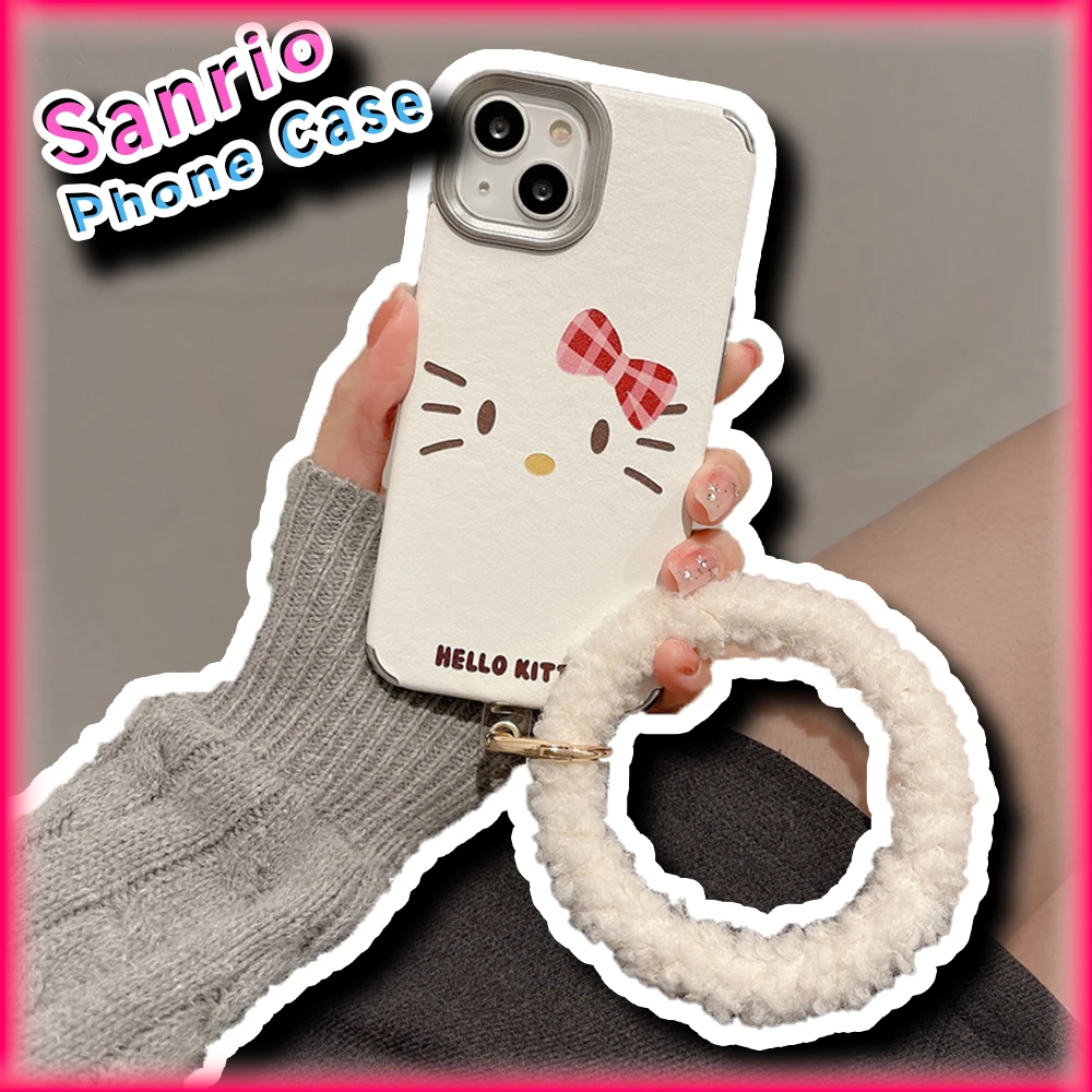 Kawaii Hello Kitty Phone Case for IPhone 12 13 14 15 Pro Max Sanrio Anime Plush Wristband Creative Girl Protective Cover Gift