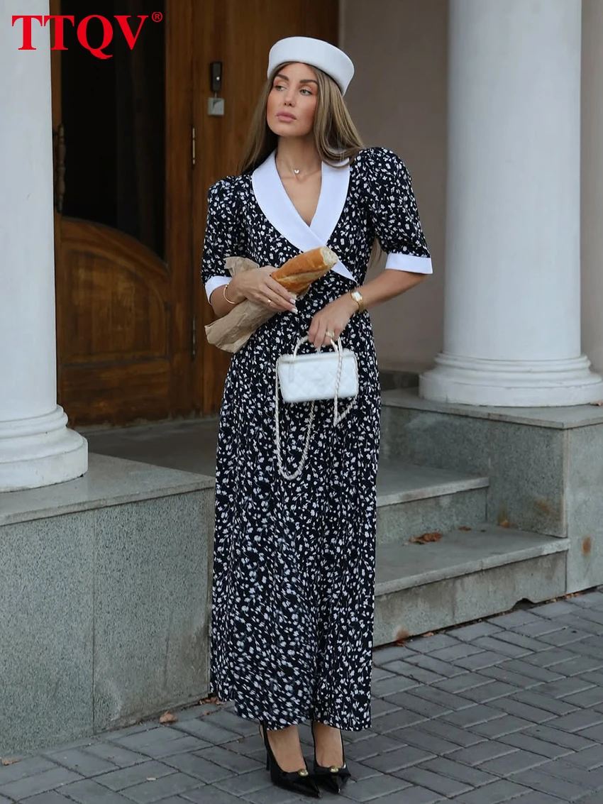 

TTQV Summer Slim Print Women's Dress Fashion Lapel Short Sleeve Ankle Length Dresses Elegant Classic Patchwork Slit Female Dress