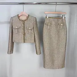 Autumn Winter Small Fragrant Style Gold Plaid Coarse Knitted Two Piece Set Women Suit Coat Tweed Jackets Midi Long Skirts Sets
