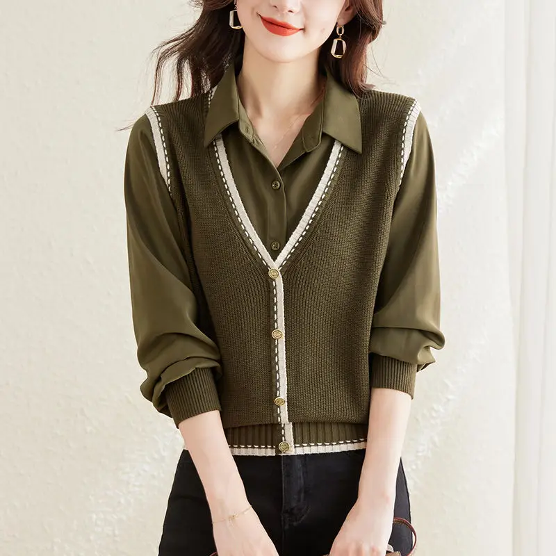 

Вязаная базовая рубашка для женщин, весна-осень-зима, новый модный свободный свитер из двух предметов, топ