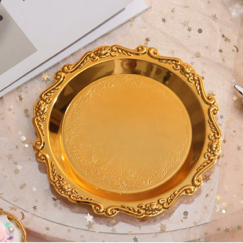 1PCS Silver Golden Iron Tray Glossy Plate for Decoration Ornaments Buffet Fruit Cake Party Supplies Dessert Sundries Storage