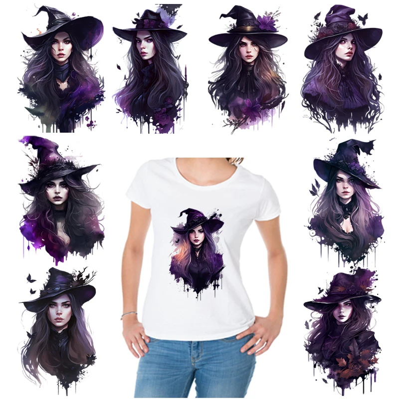 22cm 10 styles cartoon Beautiful witch shirt hat apron DIY sticker heat transfer DTF patches for woman clothing DIY decoration