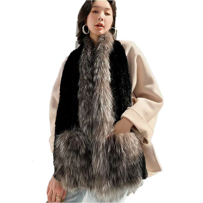 Real Mink Fur Scarf Winter Fluffy Genuine Silver Fox Fur Wraps Lady Pashmina Autumn winter Women Fur Shawls