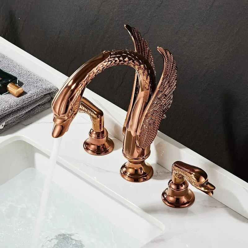 

Rose Gold Bathroom faucet widespread Swan Basin faucet black Tap luxury Basin Mixer Hot And Cold shower room sink Faucet